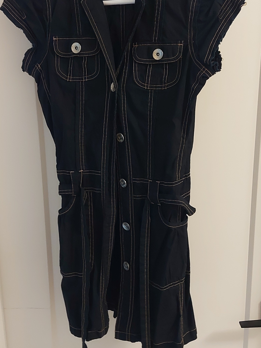 Nitrogen Midnight Blue Button-Front Utility Dress Shift with Contrast Stitching